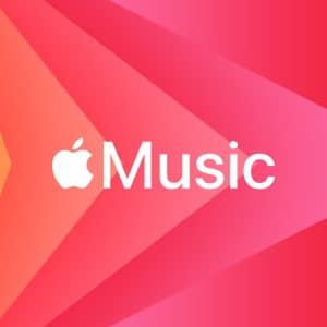 Apple Music logo with a white Apple icon and the word "Music" on a vibrant red and orange geometric background filled with triangular shapes—perfect for Apple Music discovery. The Apple logo appears again in a small rounded box in the lower right corner.