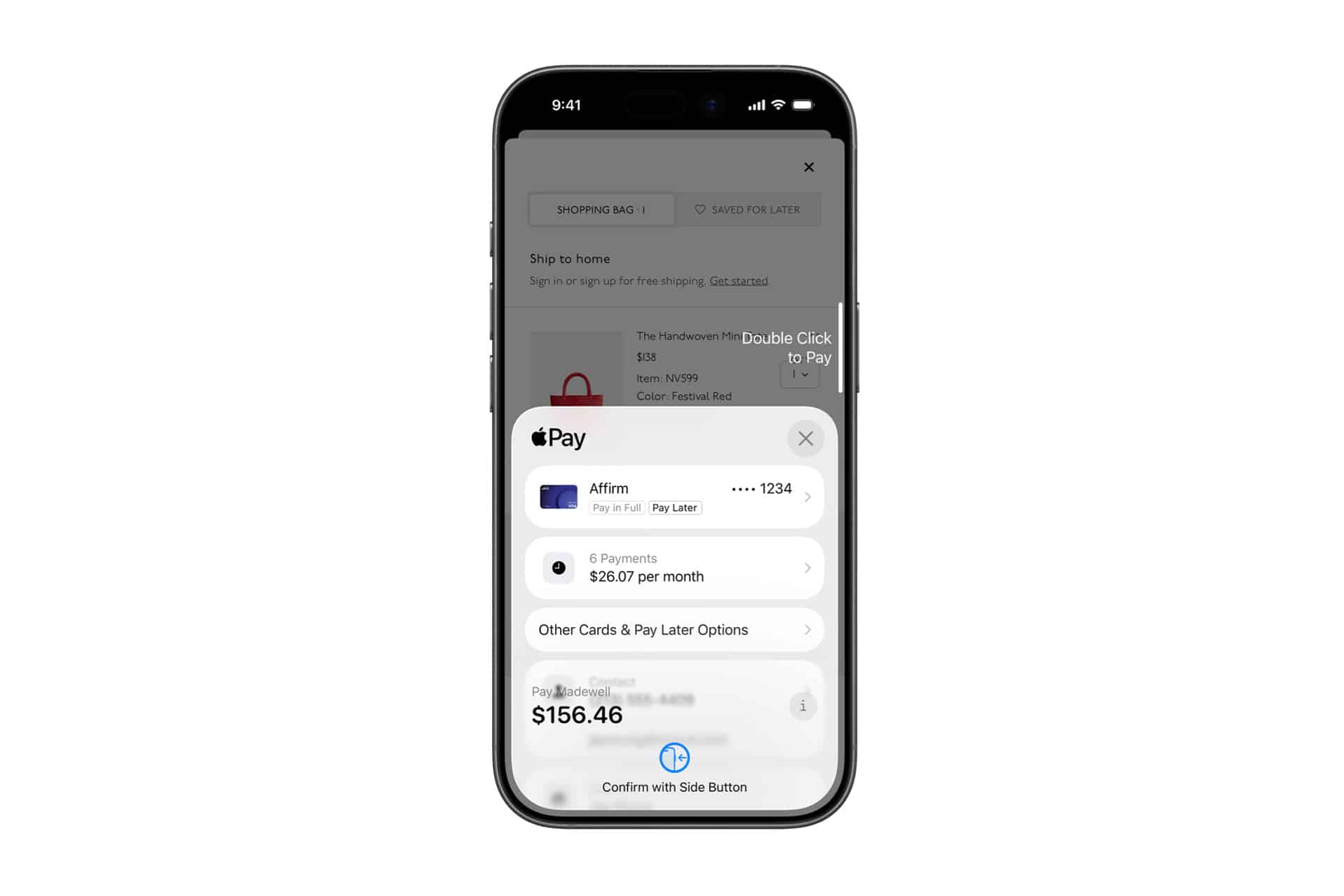 Apple Pay at My Restaurant - A smartphone screen displays an Apple Pay checkout interface at a restaurant, showing payment options including Affirm and other cards, with a total of $156.46 and an instruction to confirm payment with the side button.