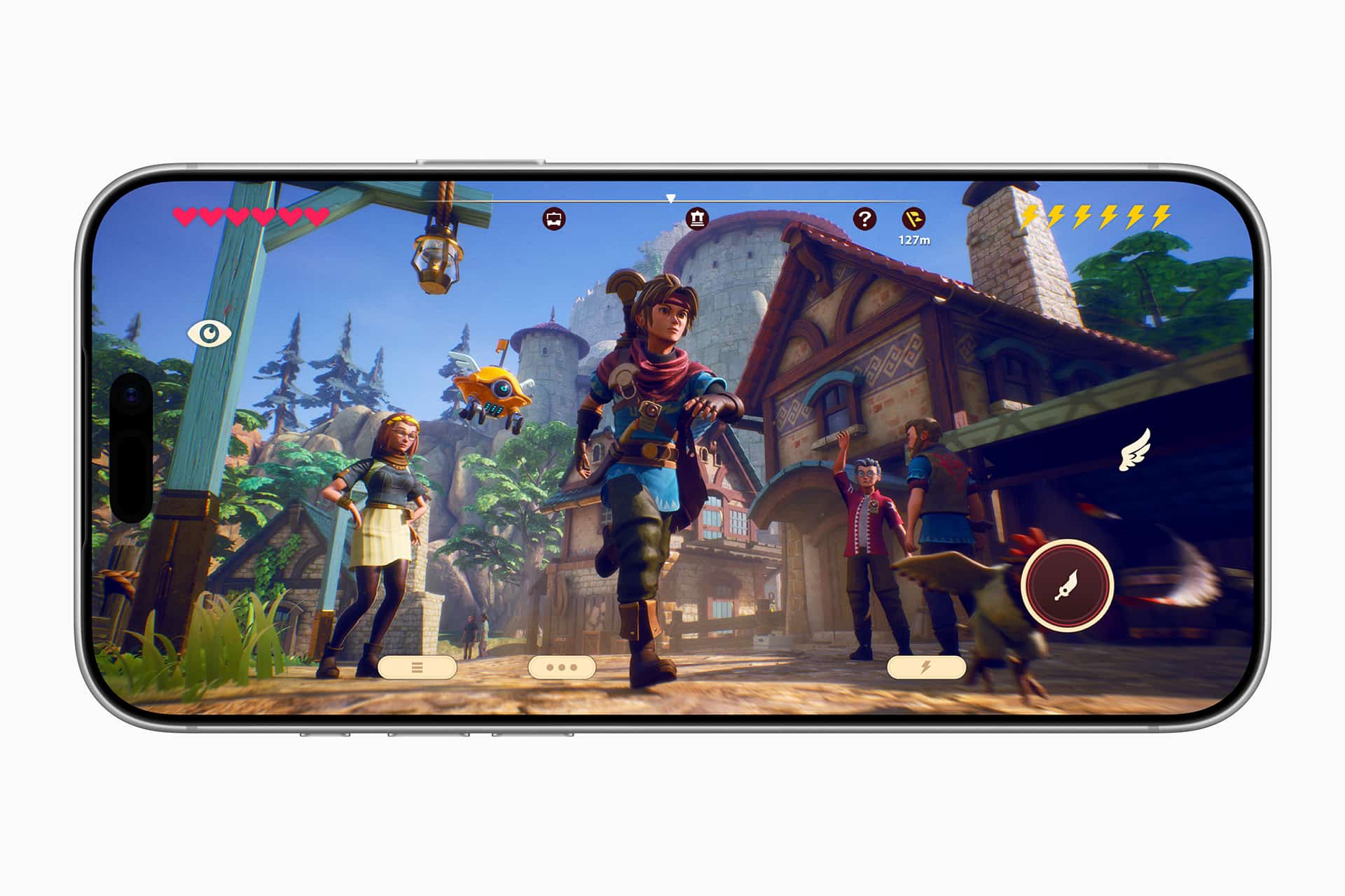 A smartphone displays a vibrant fantasy video game scene from Oceanhorn 3, featuring animated characters walking in a colorful village, medieval-style buildings, trees, and interactive game icons on the screen.