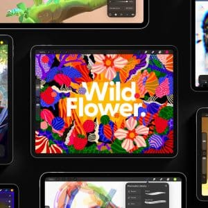 Digital tablets display colorful, diverse artwork—created using a Procreate Workflow—including abstract flowers with "Wild Flower" text, a black-and-white woman's portrait, a city scene, and animated characters, all shown on a black background.