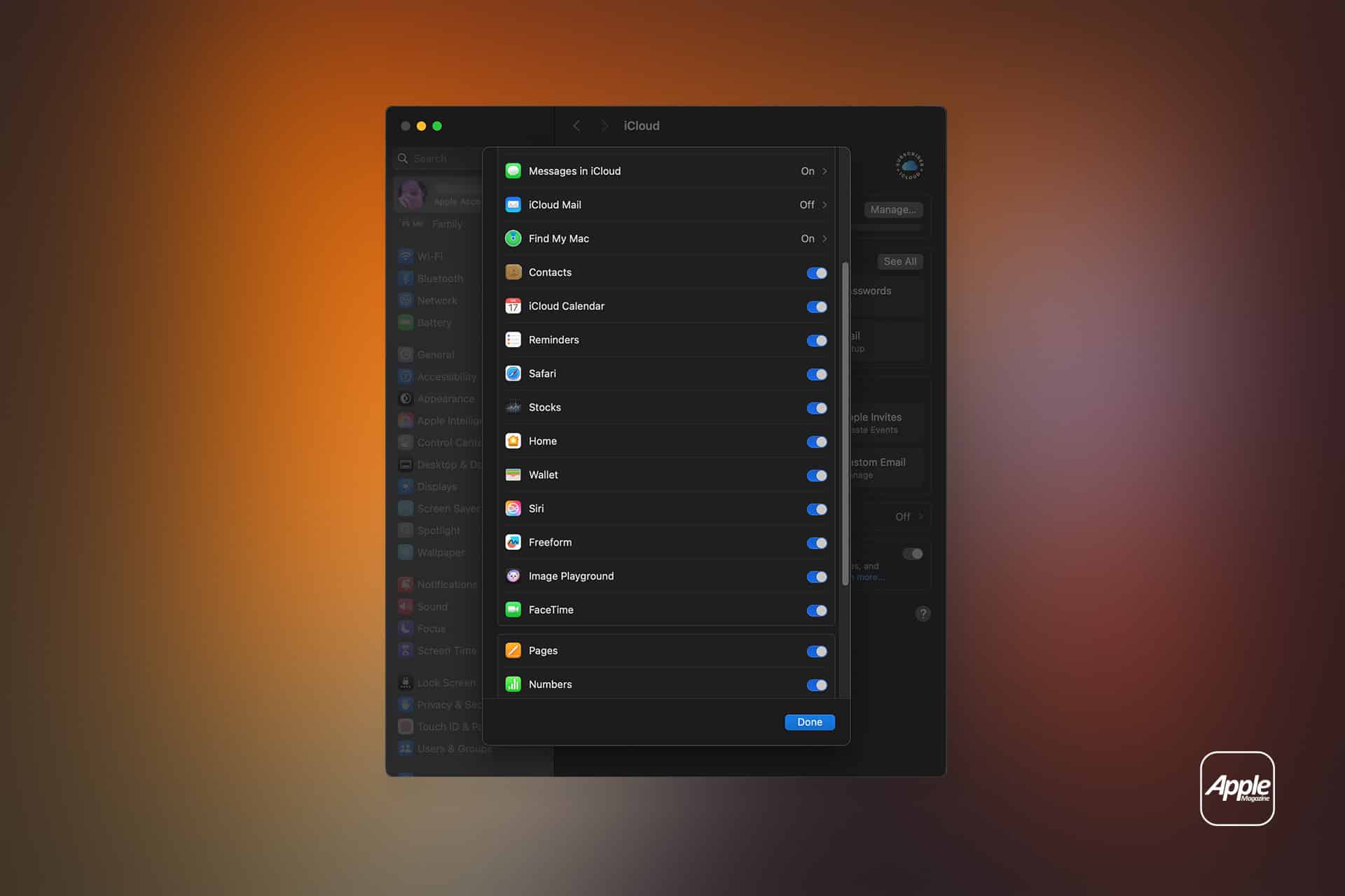 A Mac computer screen displays the iCloud settings window with various syncing options, including Messages, Mail, Contacts, Photos, and Apple Reminders Lists shown with toggle switches. The background is a blurred orange gradient; an Apple logo sits at the bottom right.
