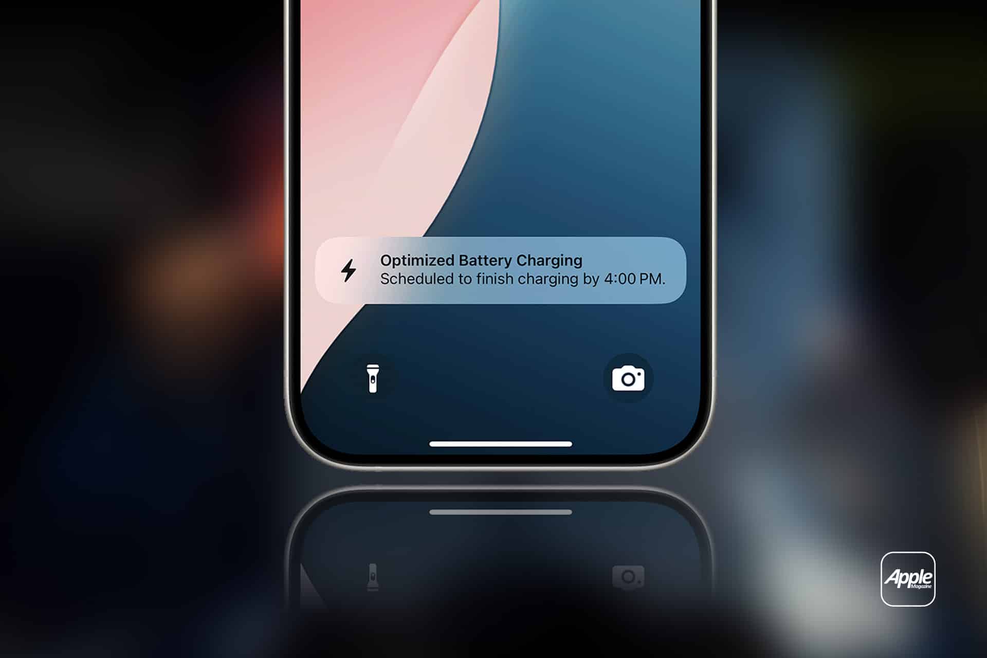 Close-up of a smartphone screen displaying a smart charging notification, with optimized battery charging set to finish by 4:00 PM. The flashlight and camera icons appear at the bottom of the screen.