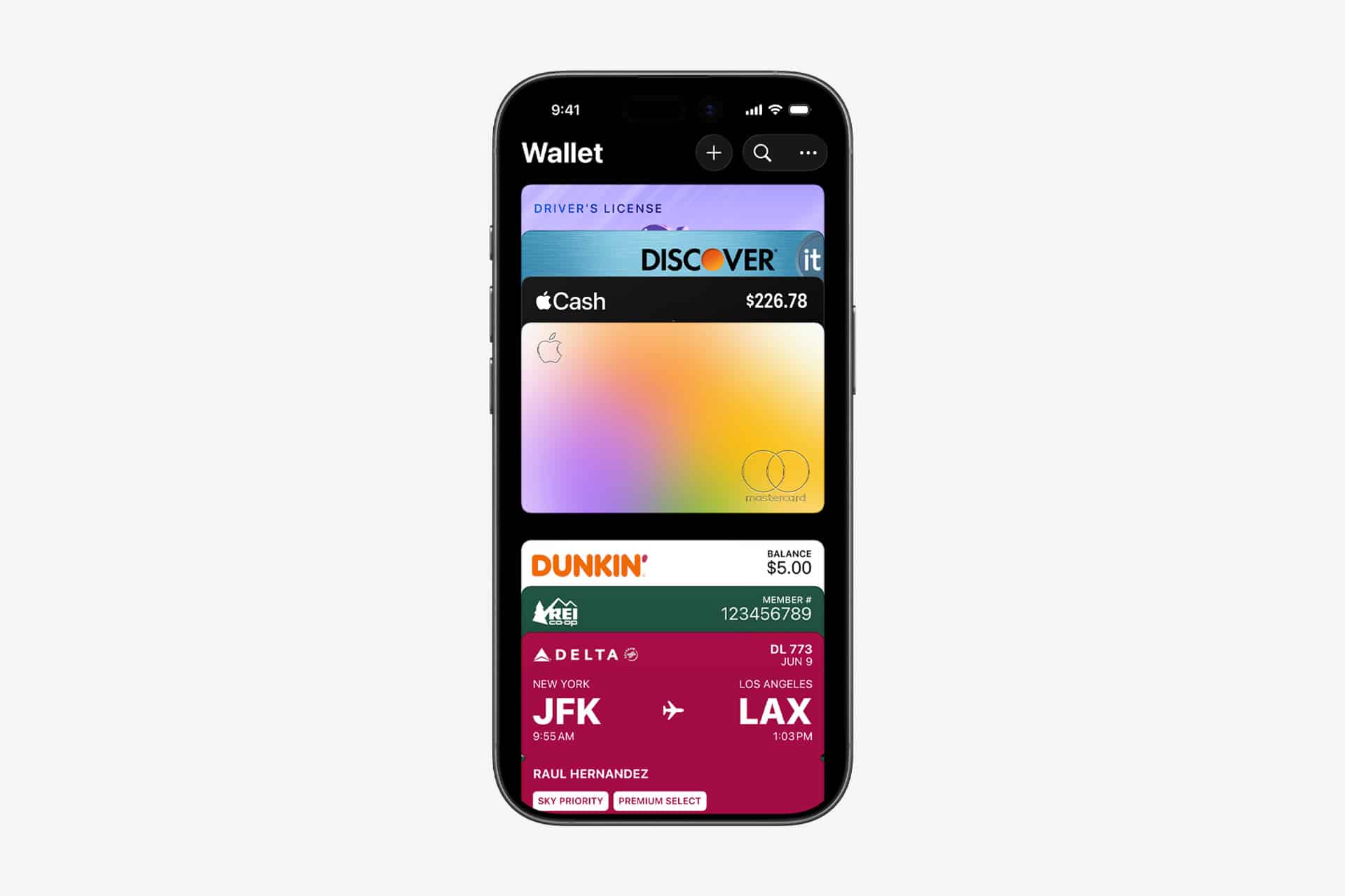 An iPhone screen displays the Apple Wallet app with digital cards, including a driver's license, Discover card, Apple Card, Dunkin’ card, Delta boarding pass, a red event ticket, and an option to access Apple Wallet Expired Passes.