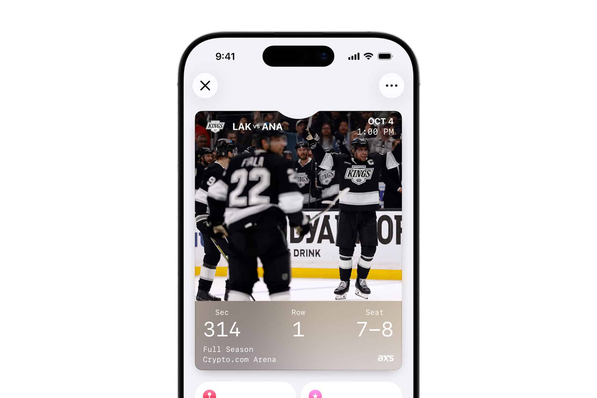 A smartphone screen displays a digital ticket for a Los Angeles Kings hockey game in Apple Wallet Expired Passes. The ticket shows Section 314, Row 1, Seats 7-8, and features an image of players on the ice celebrating.
