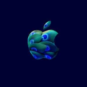 The Apple logo is filled with vibrant green and blue peacock feathers on a dark blue background, inspired by the vibrant spirit of the Apple Store Borivali in Mumbai.