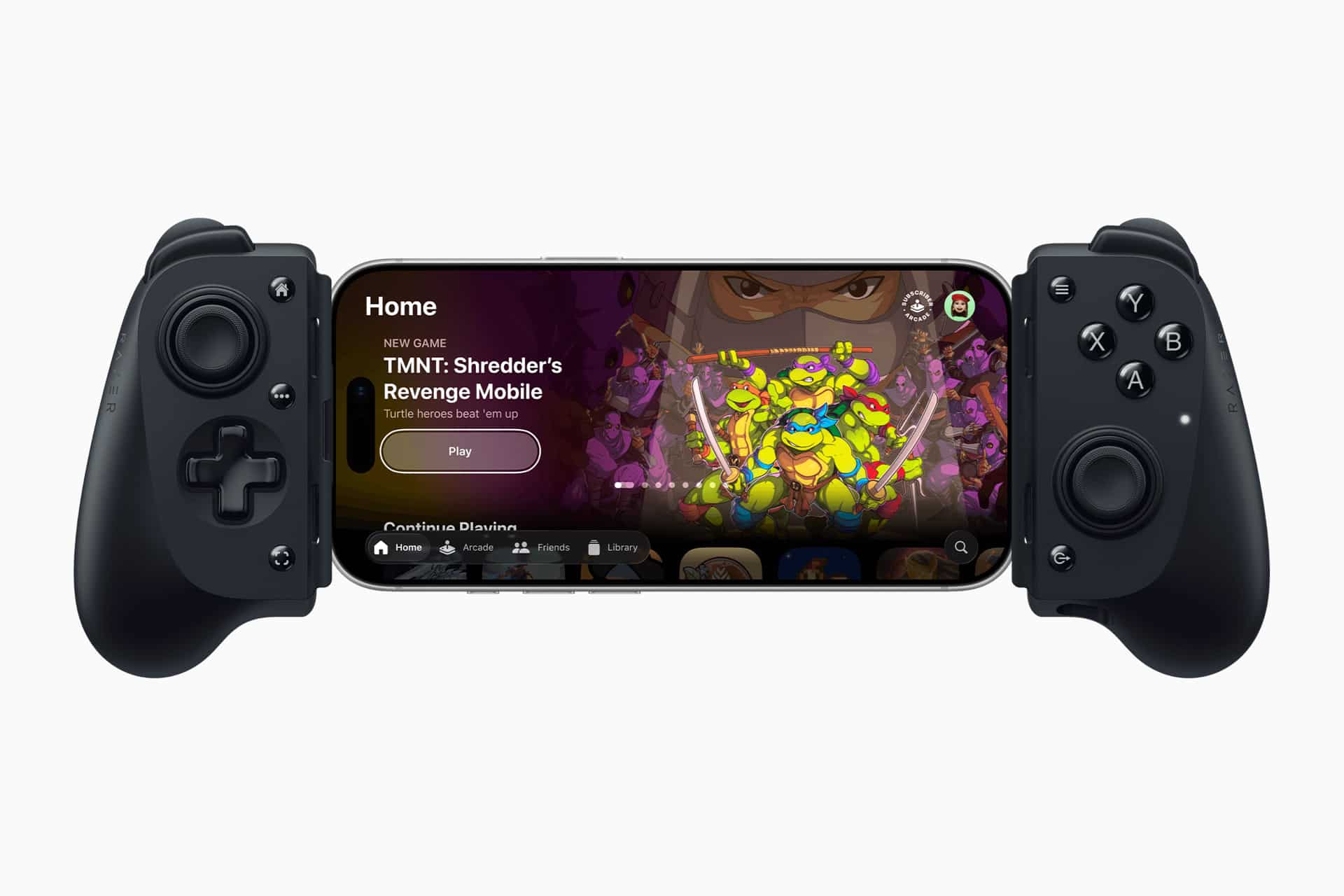 A smartphone with attachable black game controllers on both sides displays "TMNT: Shredder’s Revenge Mobile" on its screen, available to play on Apple Arcade.