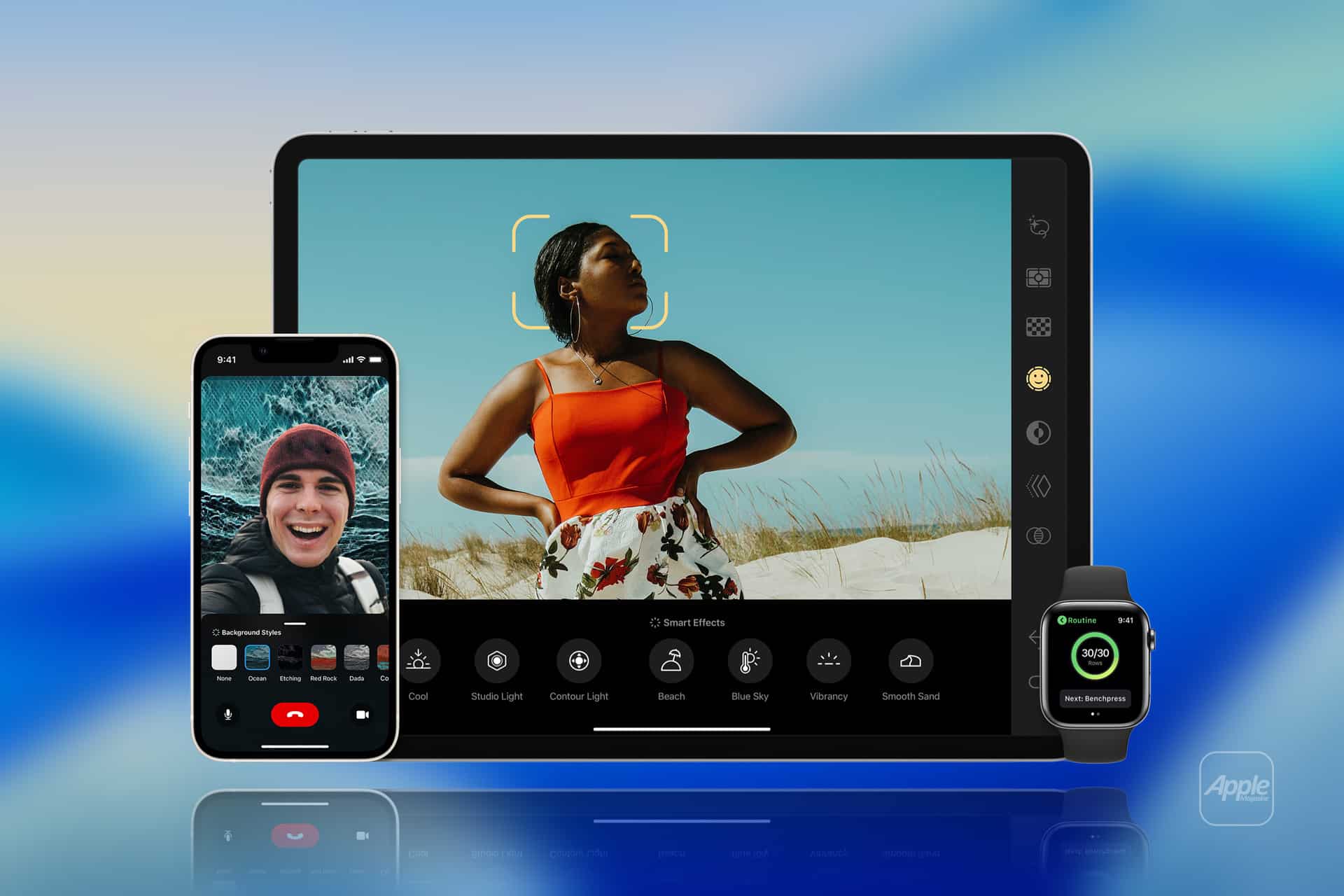 AI-powered optics - A smartphone, tablet, and smartwatch display various apps—a video call, outdoor photo editing, and a fitness app. The Apple logo appears in the corner on a blue gradient background, highlighting innovation with Apple generative AI. - Apple AGI
