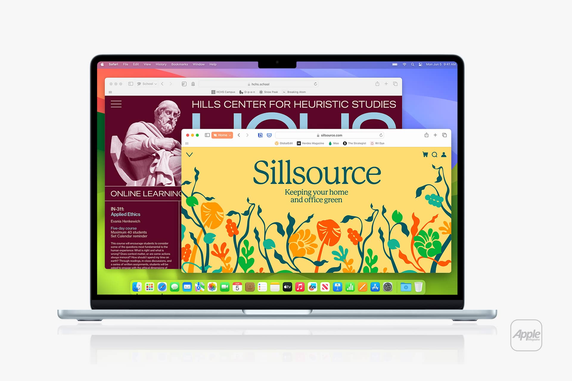 A MacBook laptop displays multiple open browser windows, including a colorful "Sillsource" site with floral graphics and another site about academic ethics, using Mac Safari Profiles. The macOS desktop and app icons are visible at the bottom.