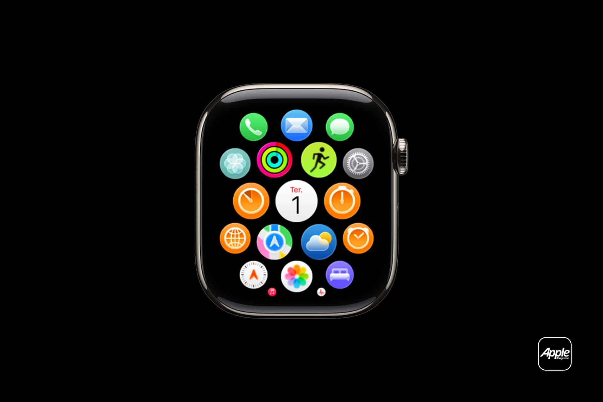 An Apple Watch with a black background displays its home screen, featuring the signature Apple Watch App Layout—colorful circular icons for Activity, Messages, Phone, Calendar, and Heart Rate. The Apple logo appears in the lower right corner.