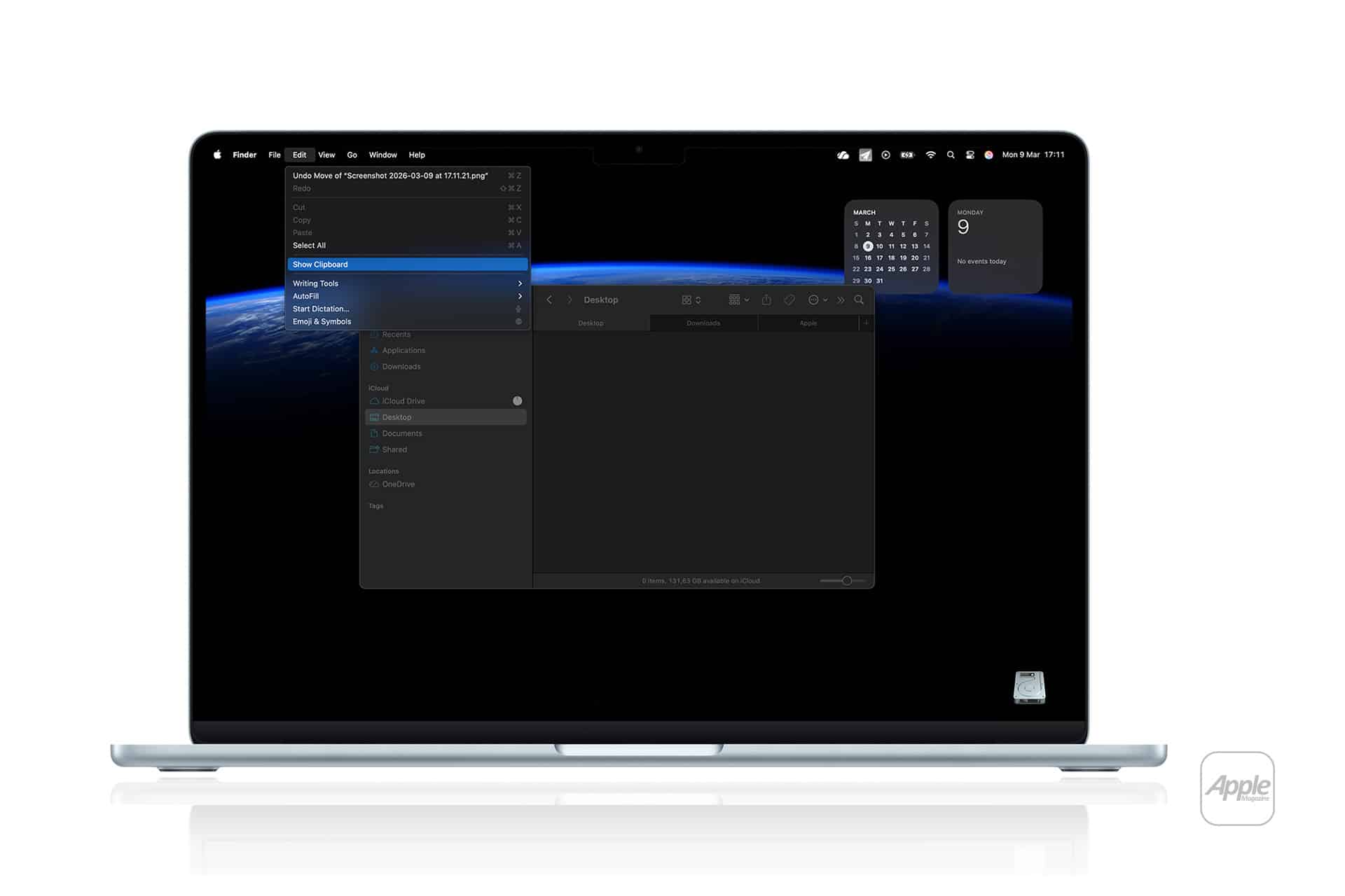 A MacBook displays a dark-themed desktop with Finder, context menu options like “Show in Enclosing Folder,” and a Clipboard History window. A calendar widget and Earth wallpaper are visible, with the Apple logo at bottom right.