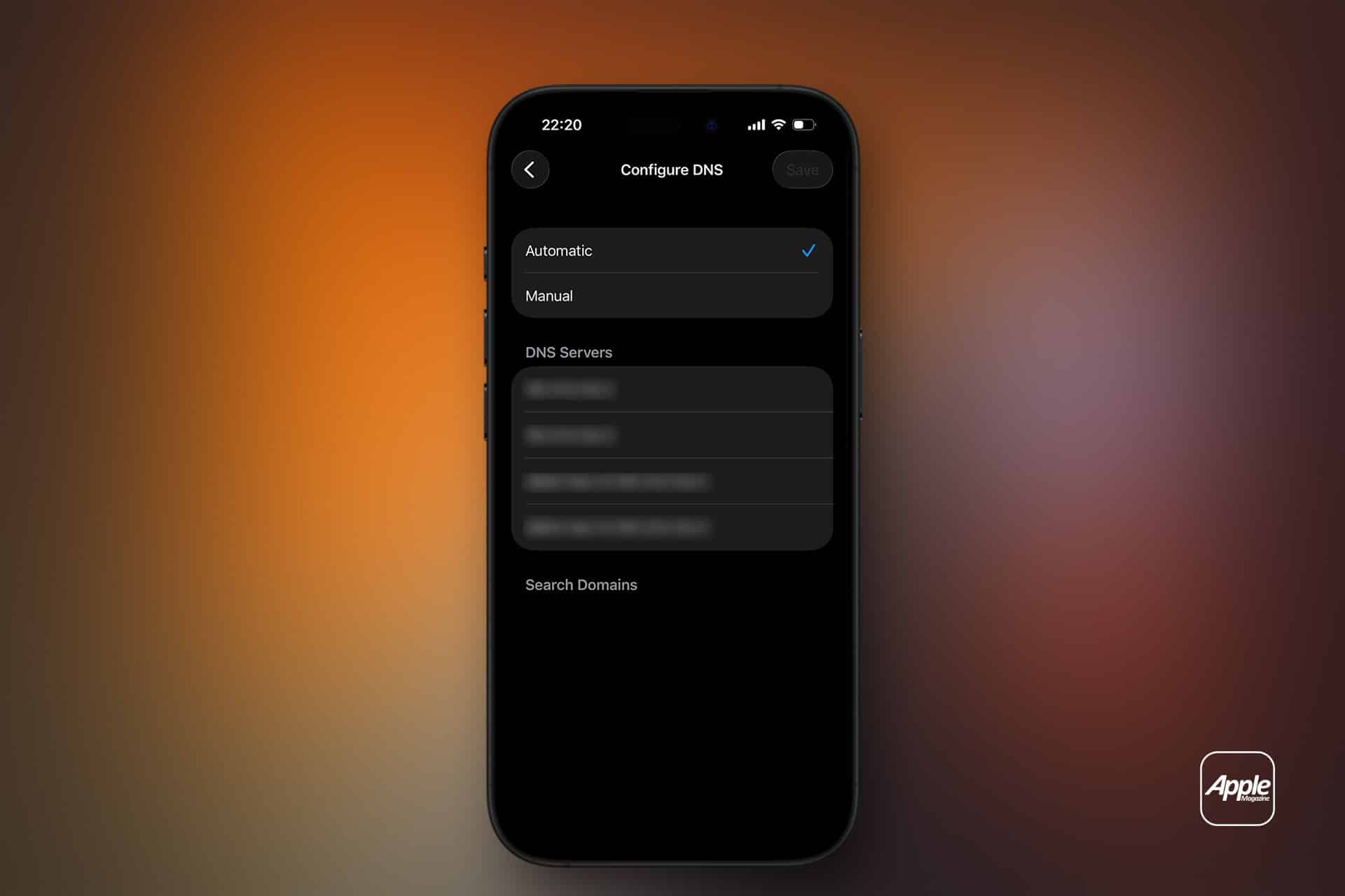 A smartphone displays the "Configure DNS" settings screen, showing Manual selected and several DNS server addresses listed—ideal for WiFi troubleshoot steps. The background is a blurred gradient with an Apple logo in the bottom right corner.