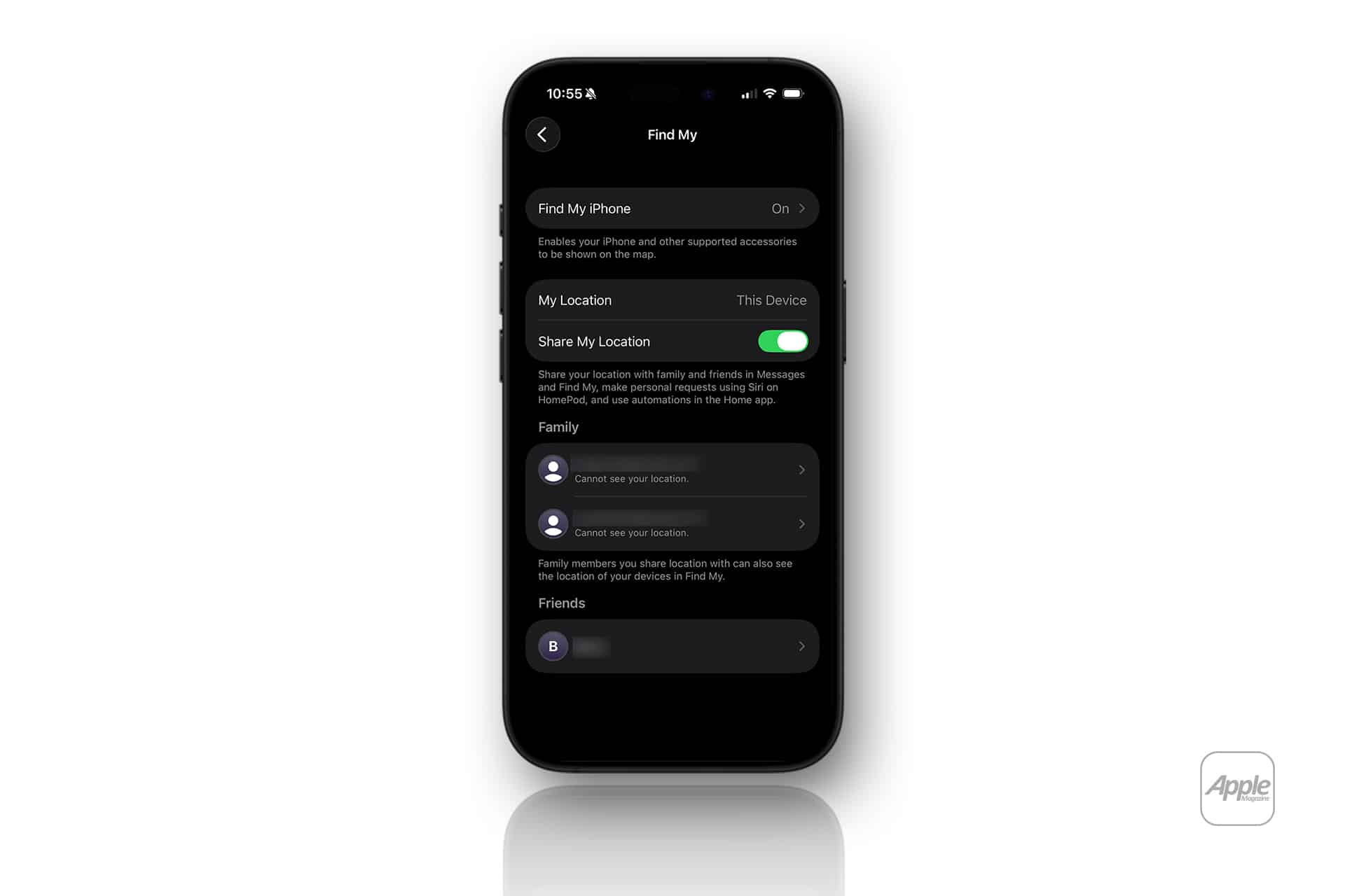 A black iPhone displays the "Find My" settings screen with "Share My Location" enabled, highlighting iPhone location sharing. The Family and Friends sections show sharing options. The Apple logo appears in the bottom right corner.