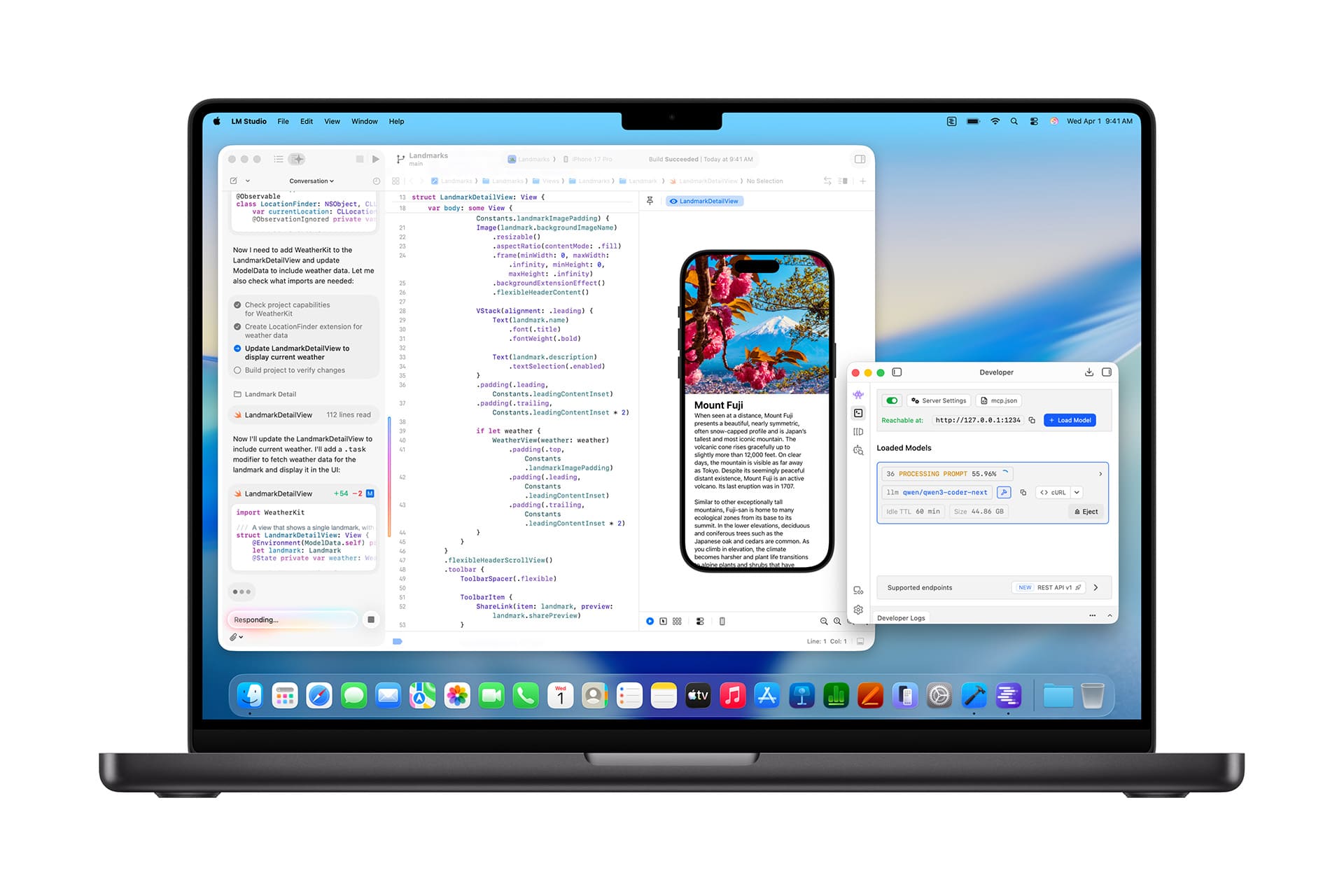 M5 Pro vs M5 Max - A laptop screen displaying Apple's Xcode development environment, running smoothly on a macOS desktop powered by the advanced M5 Chip, with code, a mobile app preview, and several tool windows open.
