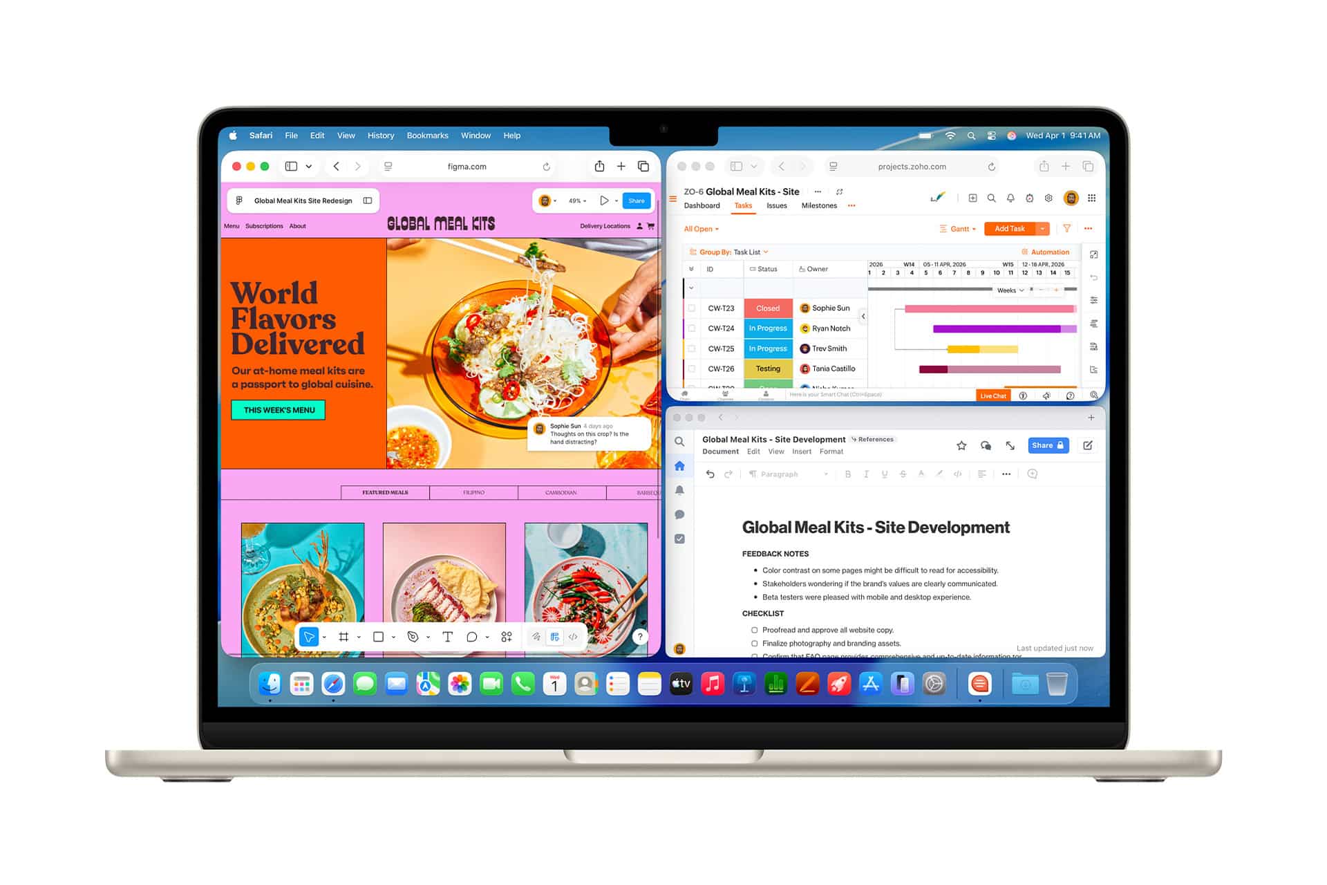 A MacBook Air M5 screen displays multiple open windows: a colorful meal delivery website, a project timeline in a spreadsheet, and a site development document, all arranged side by side for seamless multitasking.