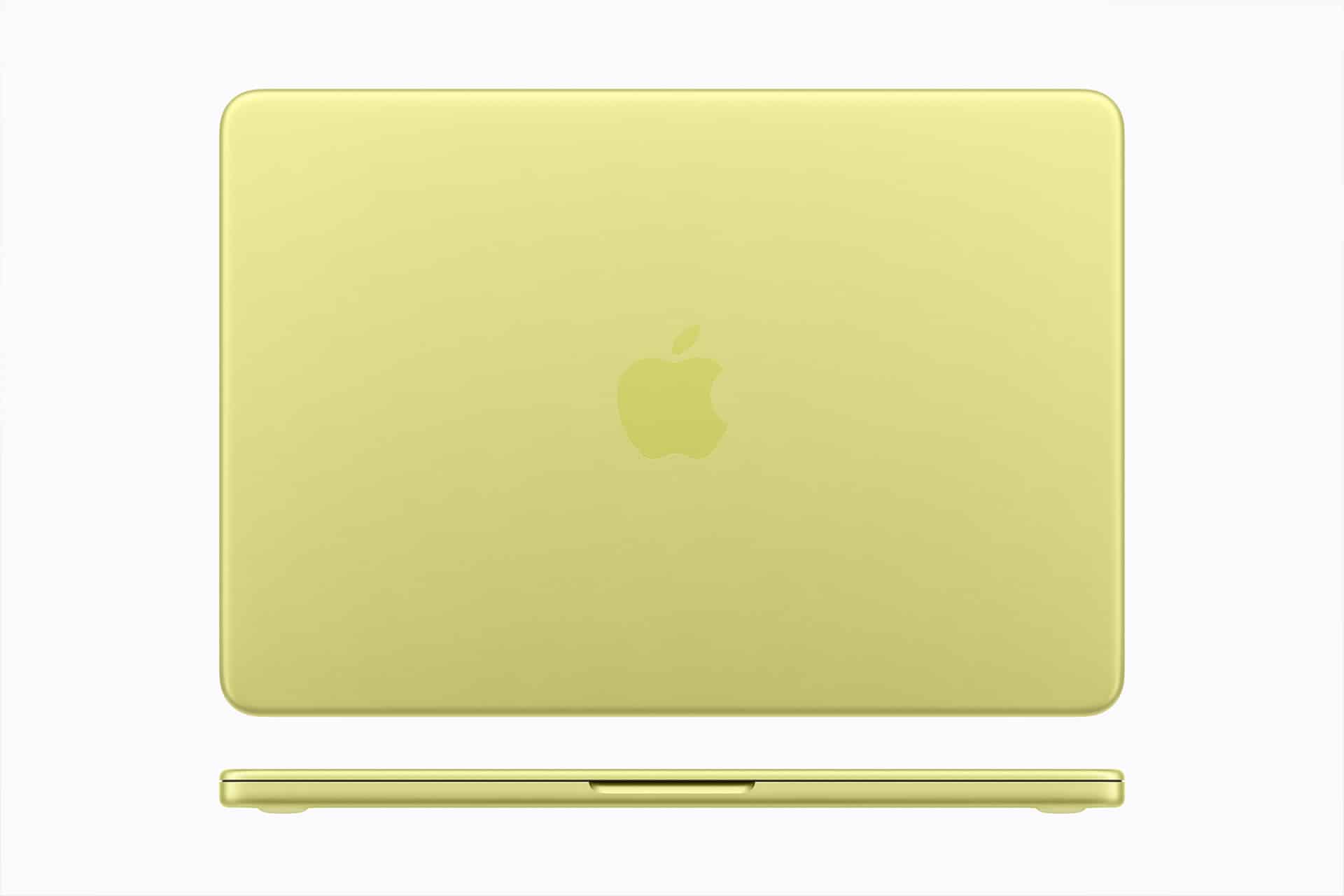A yellow Apple laptop is shown closed, viewed from the top and the front, displaying the Apple logo on the lid against a plain white background.