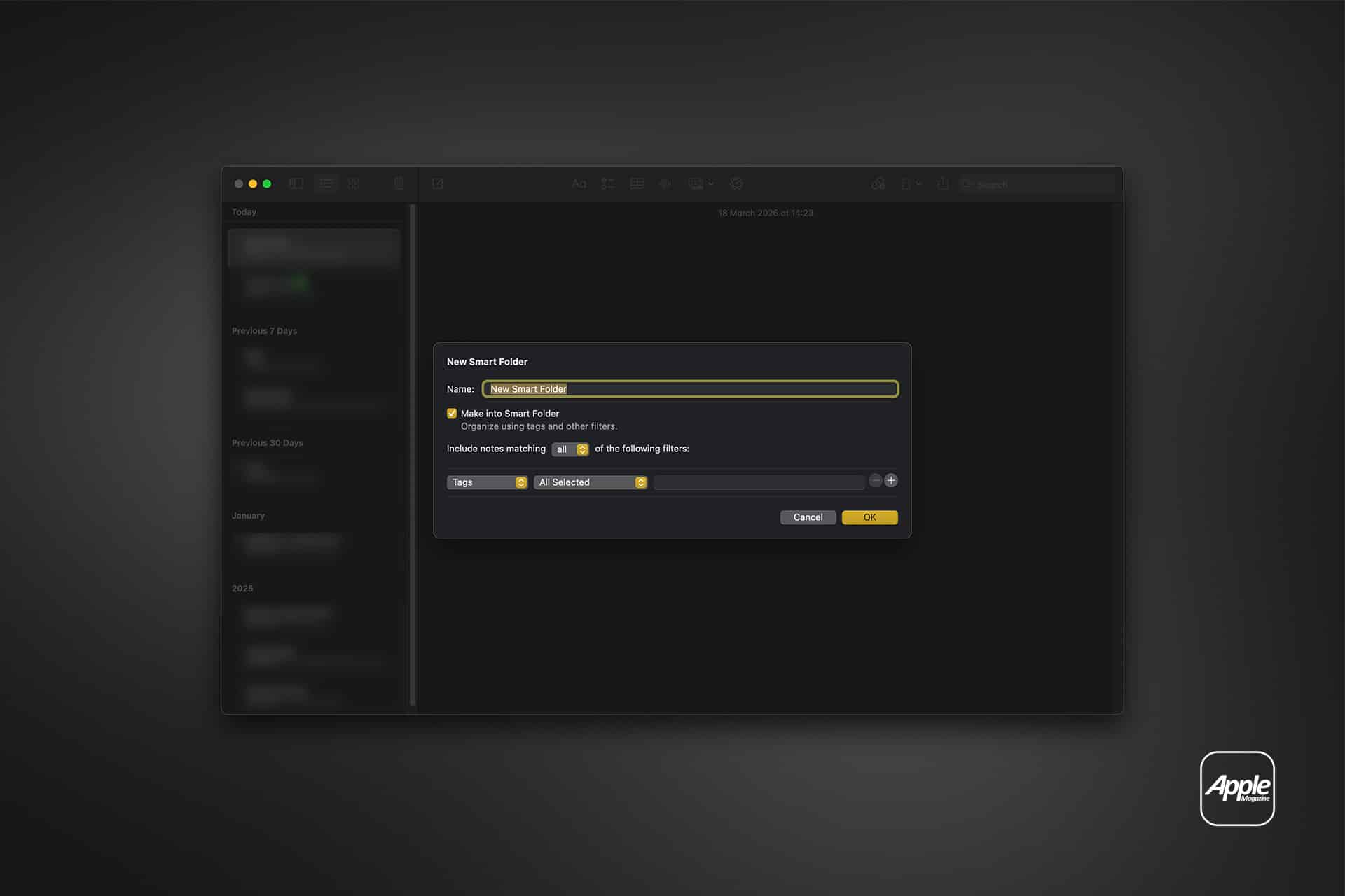 Notes Smart Folders - A dark-themed Mac window displays the creation of a new Notes Smart Folder titled "Enter Great Space," featuring filter options for tags, date, and attachments. The Apple logo appears in the lower right corner.