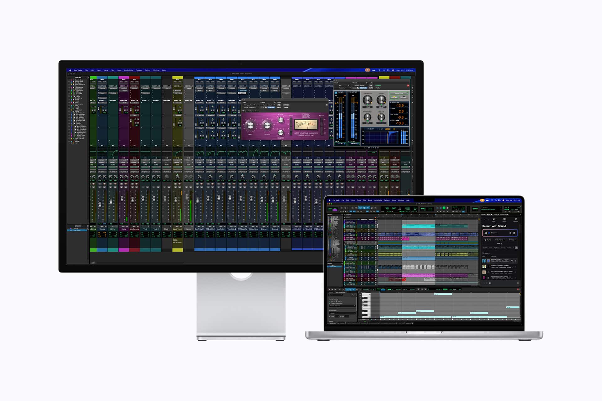 A desktop monitor and a laptop display digital audio workstation software with colorful tracks, mixer panels, and audio plugins, indicating music production or audio editing work.