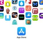 A collection of colorful app icons forms a semicircle above the blue App Store icon, highlighting the Apple developer ecosystem, with the label "App Store" on a white background.