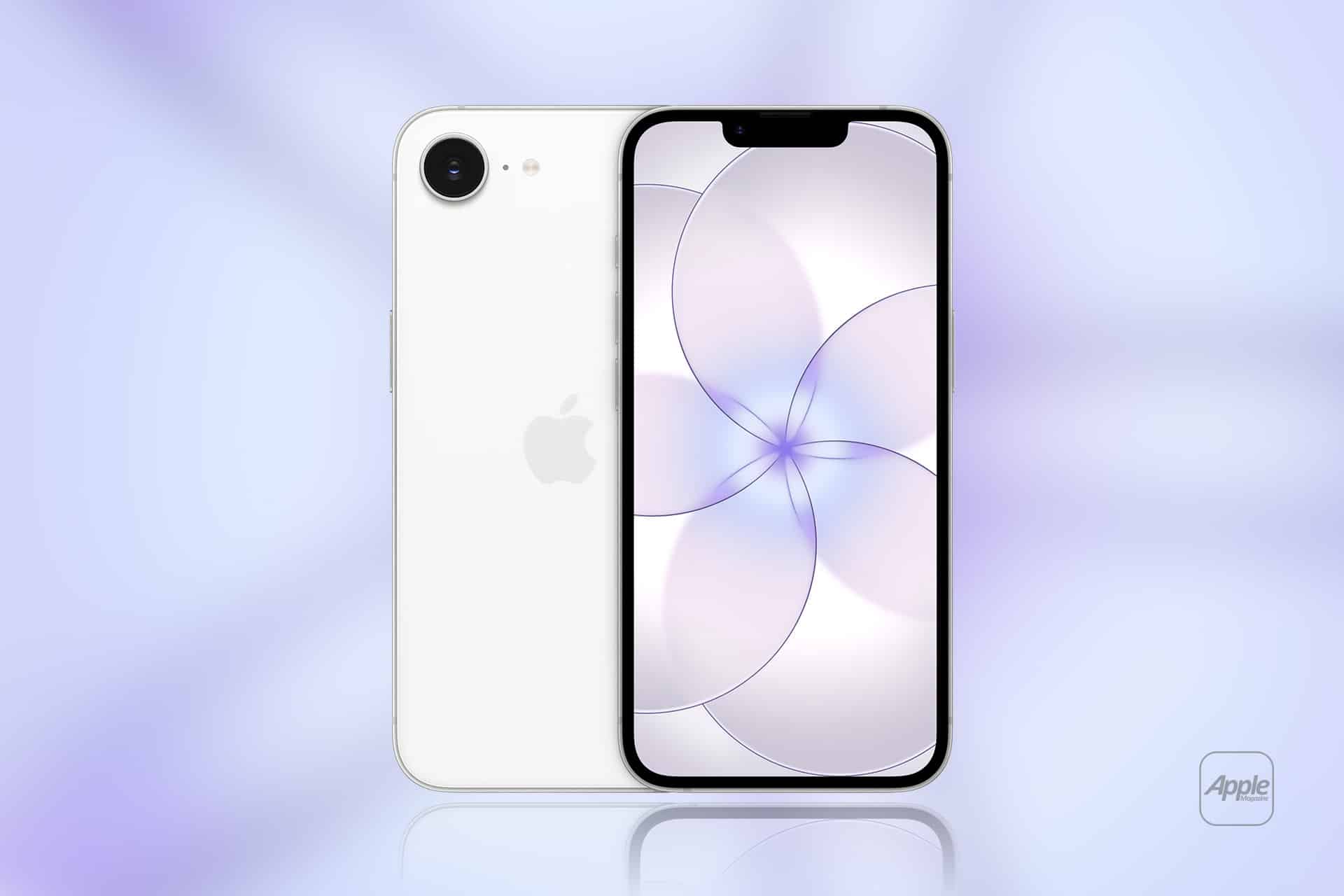 A white iPhone is shown, with the back facing left and the front facing right. The screen displays a pastel, abstract circular pattern. The background is a soft, blurry gradient, and the Apple logo appears in the bottom right corner.