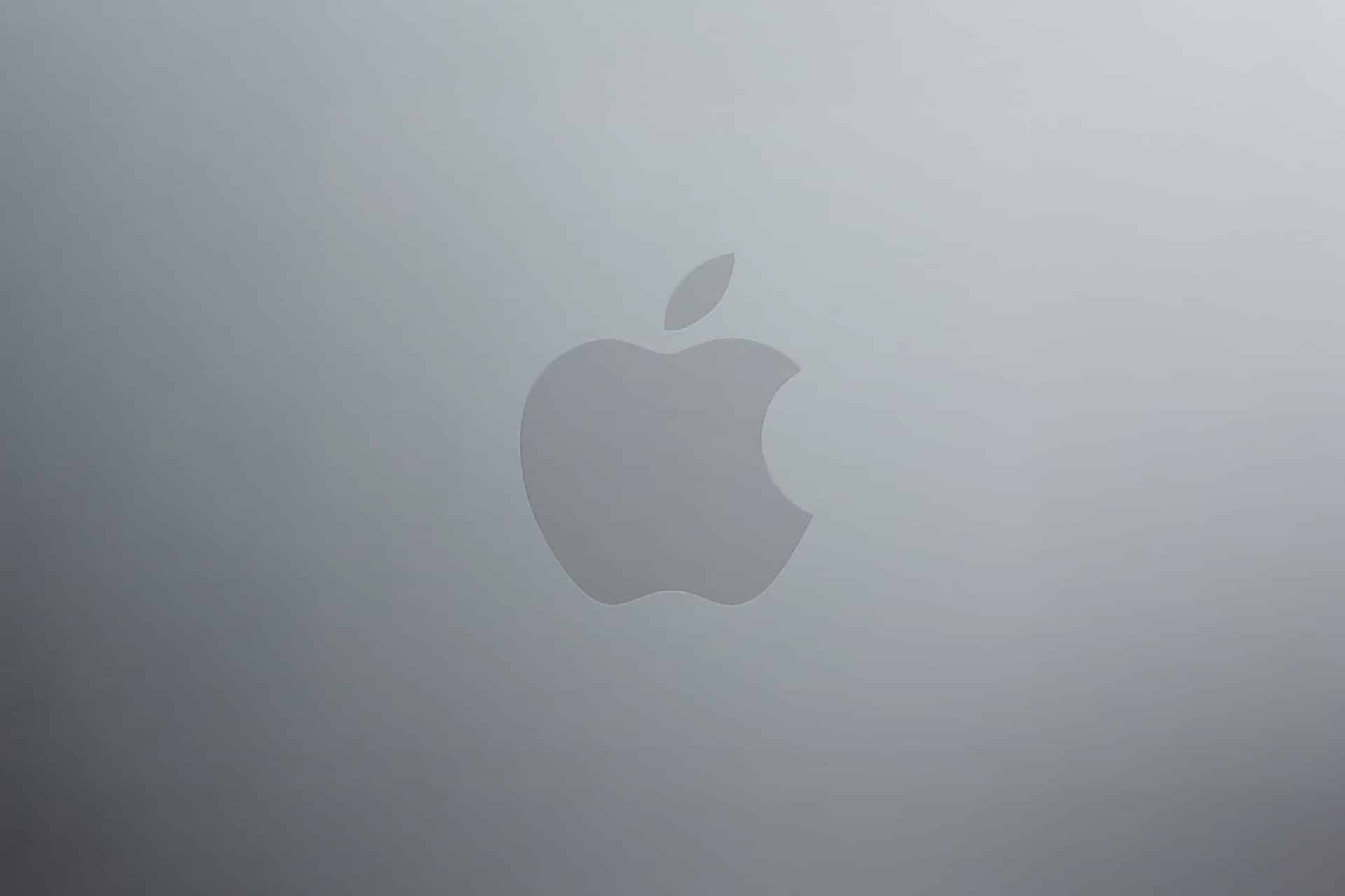 The image shows a silver metallic surface with the Apple logo in the center, which is a stylized silhouette of an apple—iconic to every MacBook Neo—with a bite taken out on the right side and a small leaf on top.