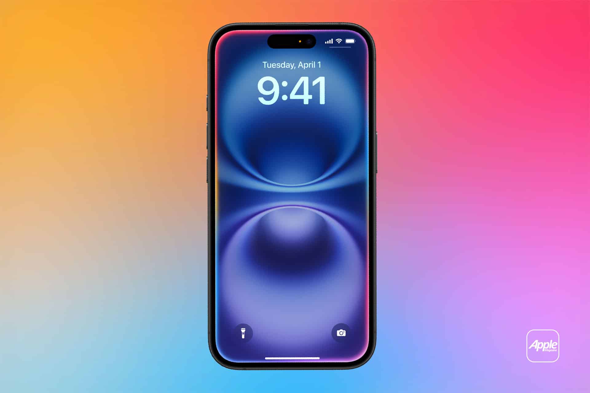 Siri AI - A smartphone with a colorful blue and purple abstract wallpaper is displayed against a vibrant rainbow gradient background. The screen shows the time 9:41 and the date Tuesday, April 1, highlighting Offline Siri capabilities. An Apple logo appears below.