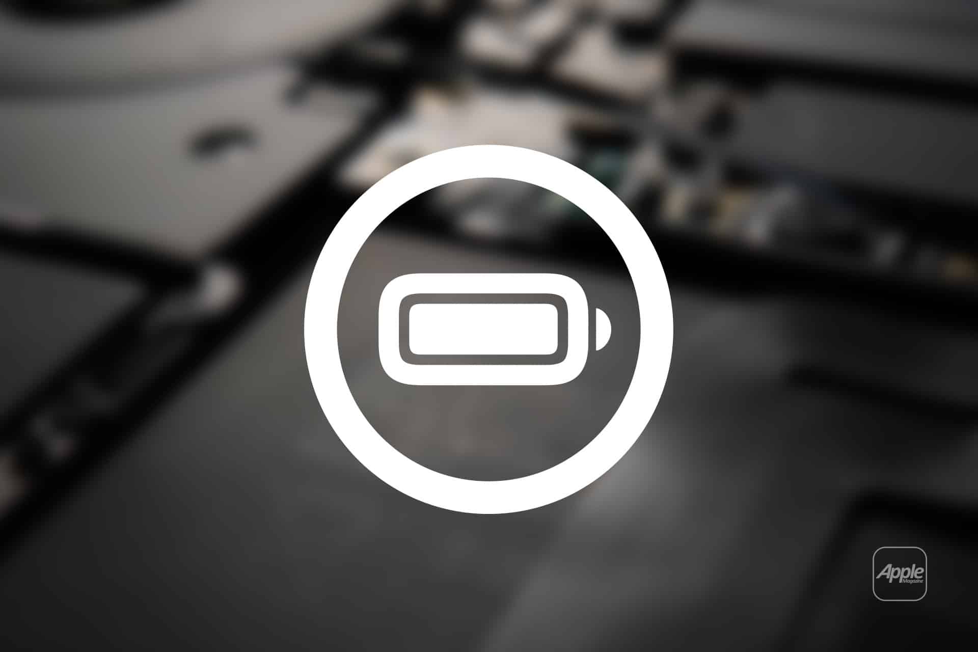 A white battery icon inside a circle is centered over a blurred close-up of electronic components, subtly highlighting Apple battery innovation, with a faint Apple logo in the lower right corner.