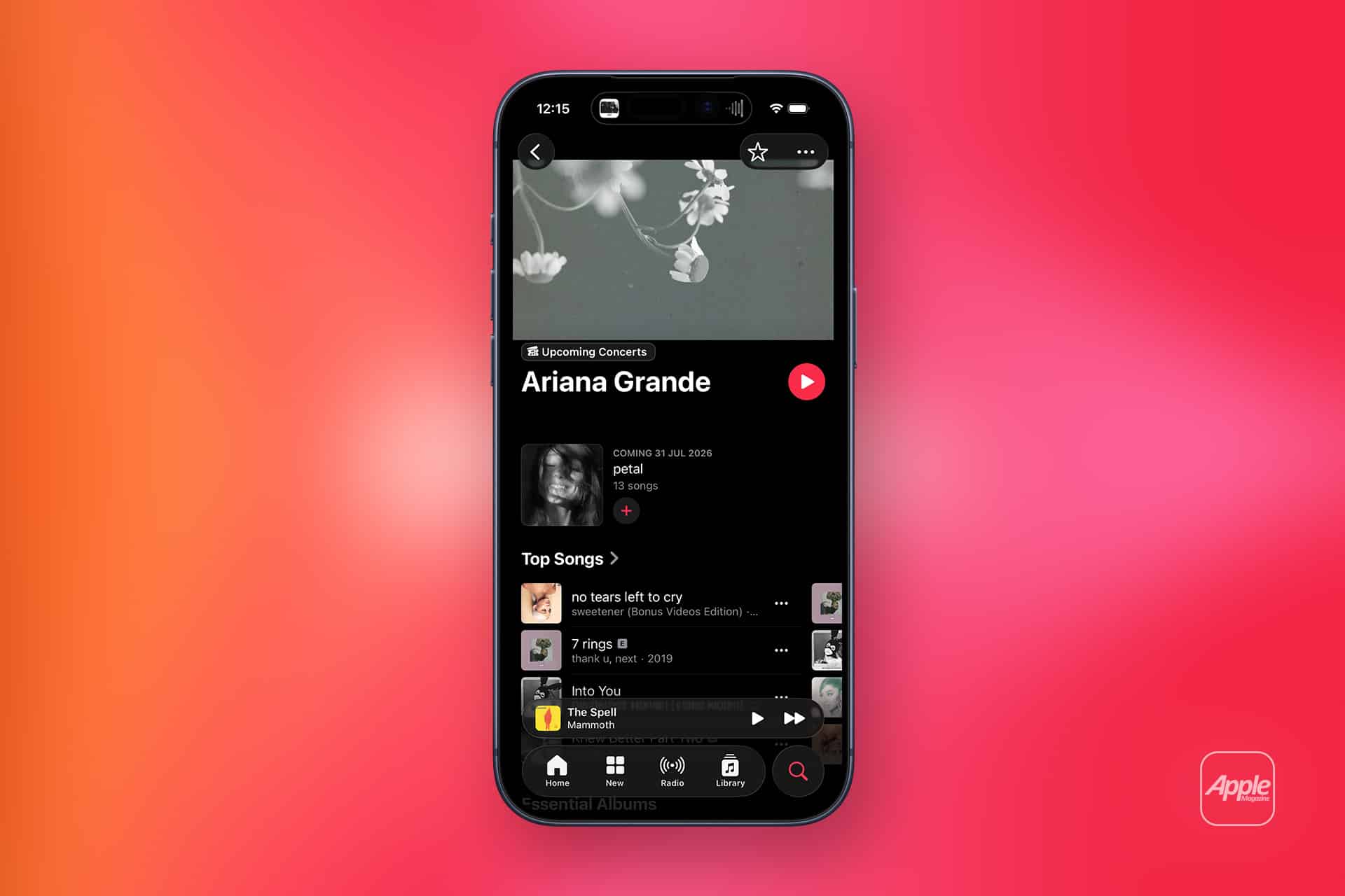 A smartphone displays the Apple Music profile page for Ariana Grande, highlighting Apple Music discovery features with her photo, upcoming concert, top songs, and albums on a red and pink gradient background with an Apple logo in the corner.