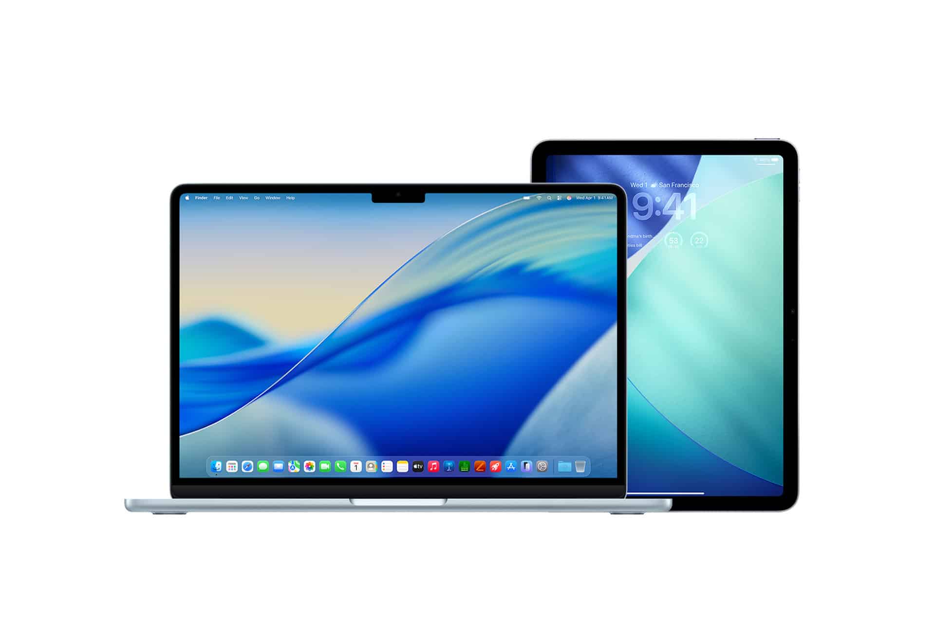 A silver laptop with a blue-themed screen sits before a tablet with a similar background, both featuring minimalist designs on a white background—perfect for the Apple Back to School season.
