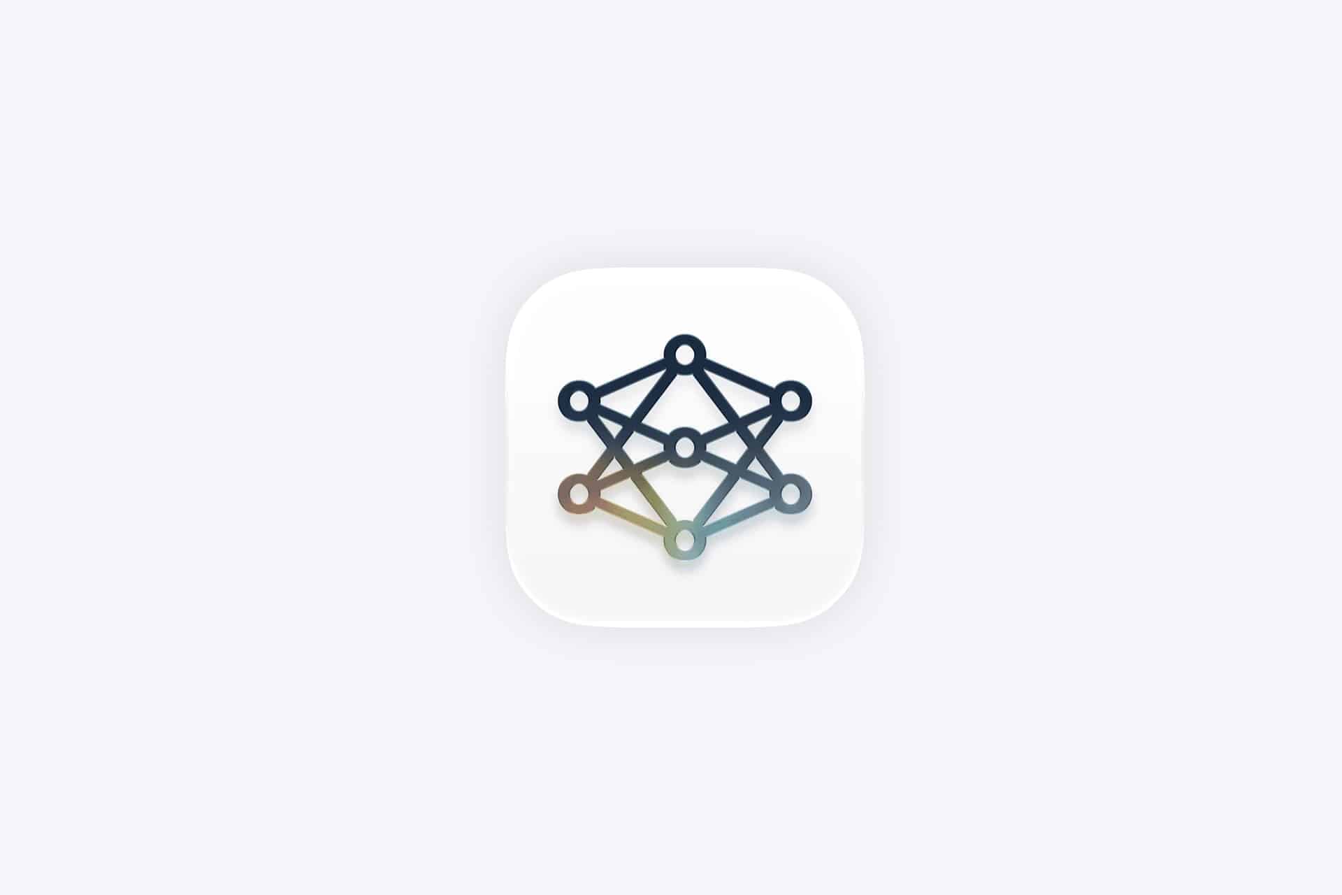 AI licensing - A rounded square icon with a stylized neural network diagram in the center, featuring interconnected nodes connected by lines, represents Hidden Apple Intelligence on a light gray background.