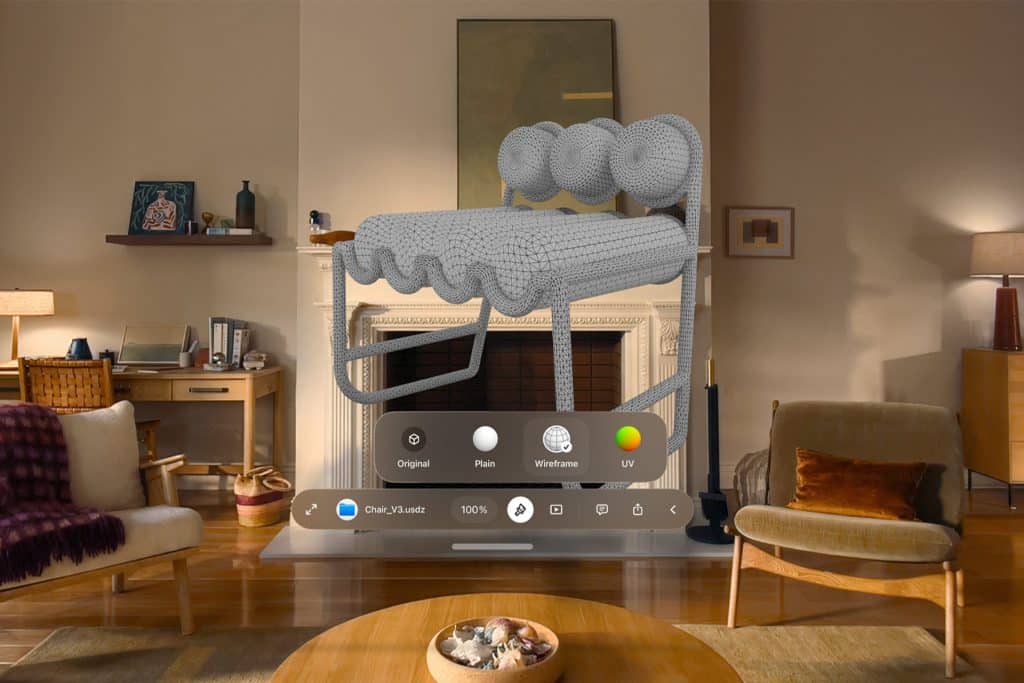 A cozy living room with a digital interface on Apple Vision Pro displaying a 3D wireframe chair design, superimposed in front of a fireplace and surrounded by modern furniture and warm lighting.