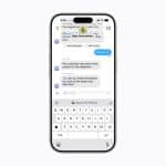 An iPhone displays an Apple Messages group chat discussing sharing photos for a slideshow, with emoji reactions, a visible keyboard, and hints of new Apple Intelligence features showcased at WWDC26.