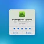A pop-up asks, "Enjoying Forest Explorer?" with five stars for rating—perfect for boosting app ratings—and Cancel and Submit buttons below. The background is a blue gradient with a small Apple logo in the lower right corner.