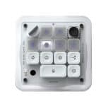 A white, square electronic device with labeled buttons, dials, and ports arranged in a grid. Some buttons have icons like lightning bolts and a microphone—reminiscent of innovative OpenAI hardware. Text reads “Let’s build” and “Work Louder Open/OS 2023,” hinting at creativity and collaboration for the future of tech with ChatGPT integration.