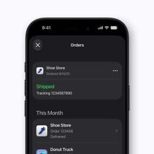 A smartphone screen shows an orders page, featuring "Shoe Store" marked as shipped with tracking number 1234567890. Previous Shoe Store and Donut Truck orders are listed below. The streamlined interface highlights wallet order tracking, making it easy to manage shipments right from your device.
