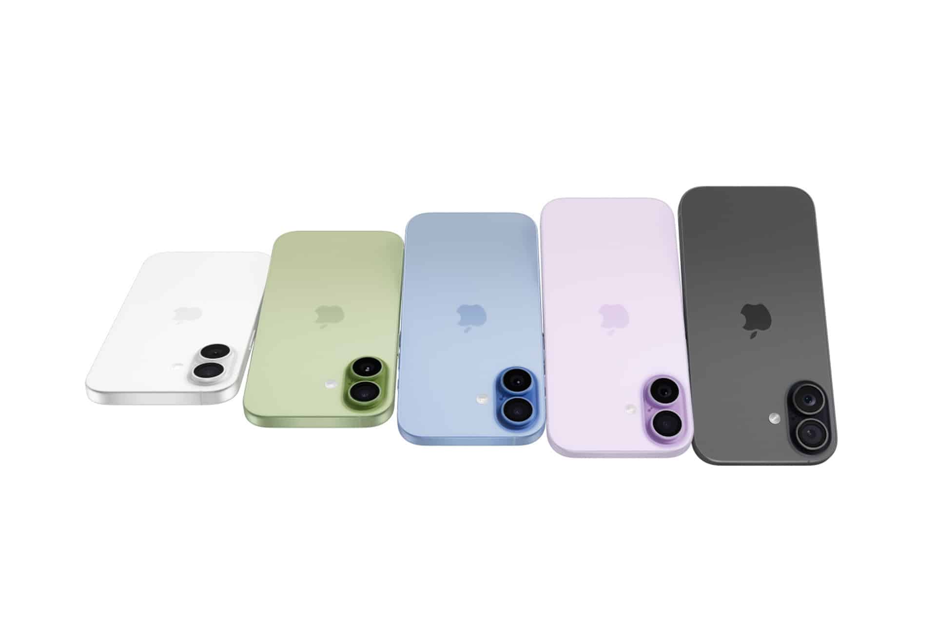 Five iPhones in white, green, blue, purple, and black are shown standing upright, angled slightly to the right, displaying their backs with dual camera lenses and Apple logos—a testament to strong iPhone retention as seen in recent CIRP research.