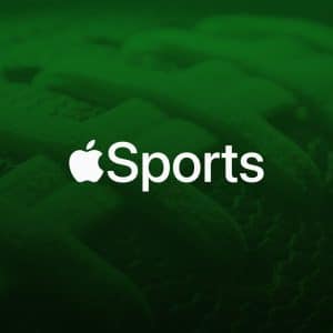Closeup of a football with the Apple logo and the word “Sports” over it, highlighting Apple Sports. The image is tinted green, and a small Apple logo appears in the lower right corner, evoking live scores and seamless sports widgets.