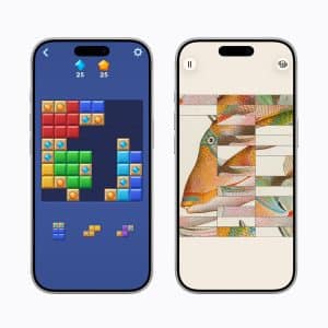 Two smartphones display puzzle games: the left features Block Blast Plus, a colorful block puzzle on a blue background; the right shows a sliding tile puzzle forming a fish illustration, evoking the engaging variety found in Apple Arcade games.