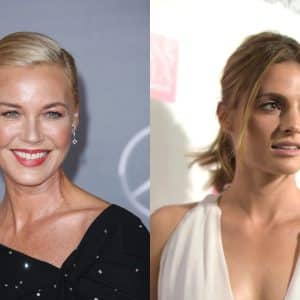 Side-by-side portraits of two women at separate events, both dressed formally. The woman on the left has blonde hair and wears an off-the-shoulder black dress; the woman on the right, resembling Stana Katic, has brown hair and wears a white sleeveless outfit, exuding the poise often seen in Apple TV premieres.