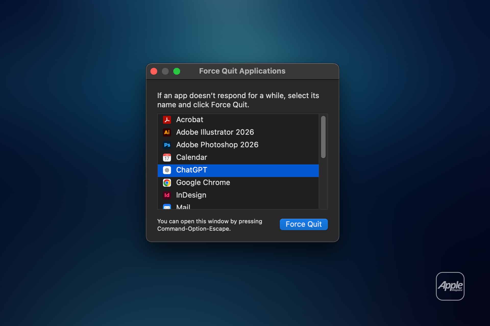 A Mac “Force Quit Applications” window shows apps like Acrobat, Photoshop, ChatGPT (highlighted), Chrome, and Mail—perfect for those moments when a spinning beachball signals a frozen Mac. The Force Quit button is in the bottom right. The background is a dark blue gradient with a faint Apple logo.