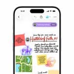 A smartphone screen shows a colorful digital note about “Huttledorf Falls, NY” created using the Freeform app, with illustrated images of a deer, map, coffee, and bakery items, and handwritten-style text with travel tips—perfect for content planning on the go.