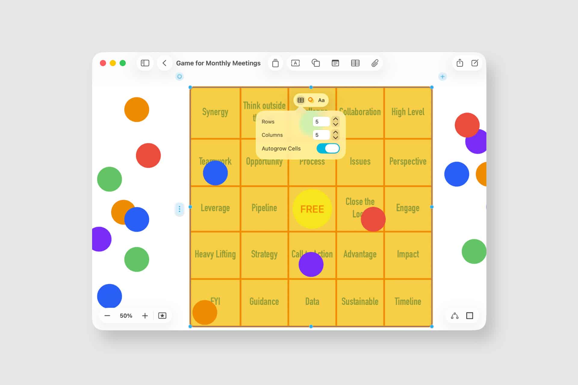 A digital bingo card labeled “Game for Monthly Meetings” with business buzzwords in each cell, colorful circles over and around the card, and a settings menu displaying options for rows, columns, and autoscope—perfect for content planning sessions or customizing in the Freeform app with Freeform templates.