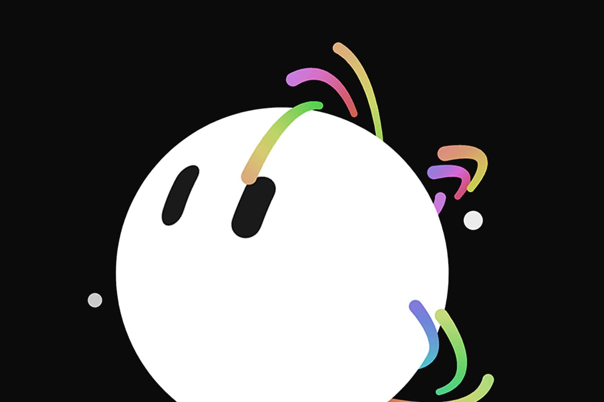 A white round character with two black oval eyes, surrounded by small, curved, multicolored lines on a solid black background—a whimsical depiction inspired by the imaginative realms of SpaceXAI and autonomous AI agents.