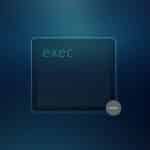A glowing Mac Terminal computer terminal with the word “exec” in green text, a gray minus symbol in a circle, and a faint “Apple” logo in the corner, all on a dark blue gradient background.