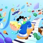 Colorful cartoon of people engaging in activities like skateboarding, gaming, taking selfies, and playing chess, surrounded by floating apps, music notes, cameras, and digital icons on a blue, whimsical background—with subtle nods to the vibrant iOS App Store economy in South Korea woven throughout the scene.