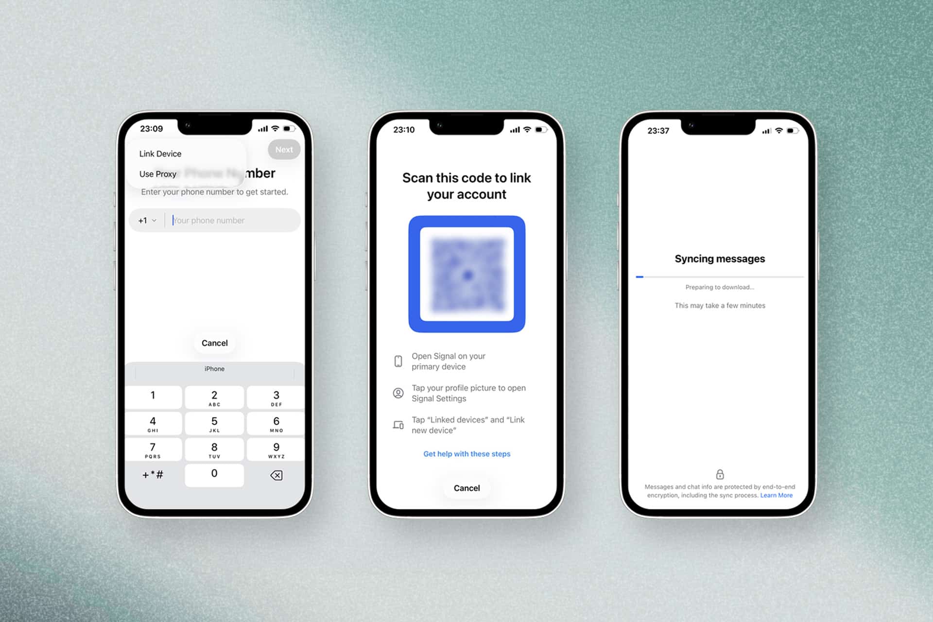 Three smartphones show steps to link a device on Signal iOS: entering a phone number, scanning a QR code for Signal multi-device setup, and a message screen syncing conversations between linked iPhones.