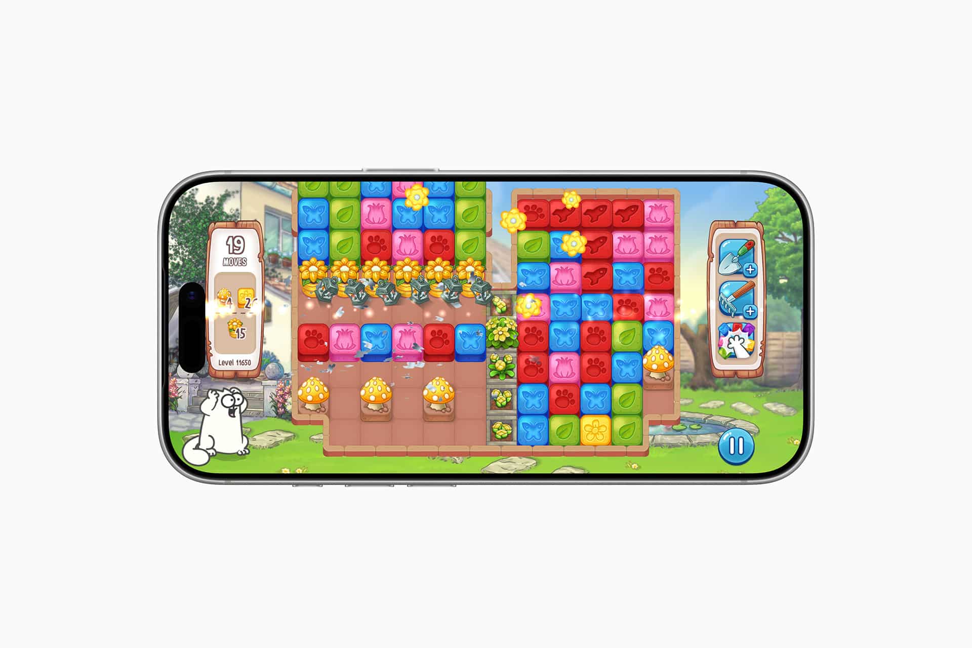 A smartphone displays a colorful block-matching puzzle game, reminiscent of Block Blast Plus, with flowers, tools, and a cartoon cat on the left. Bright tiles fill the screen, and game icons are visible on the right and bottom of the interface—a vibrant scene familiar to fans of popular Apple Arcade games.