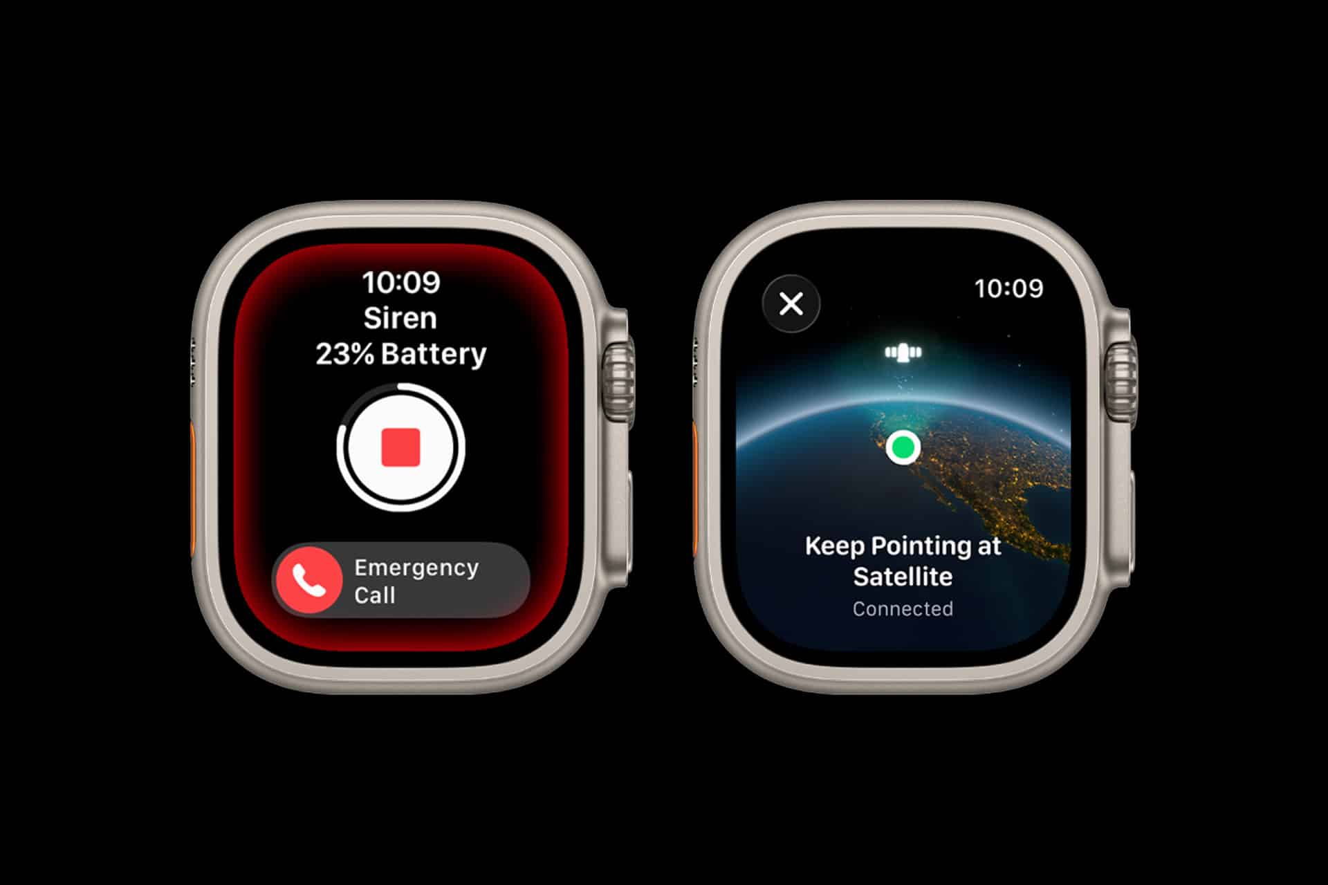 Two smartwatches display screens: the left showcases a Watch Ultra safety feature with a red siren alarm, 23% battery remaining, and an Emergency SOS call option; the right presents a “Keep Pointing at Satellite” message above an image of Earth, indicating connected status and advanced Fall Detection.