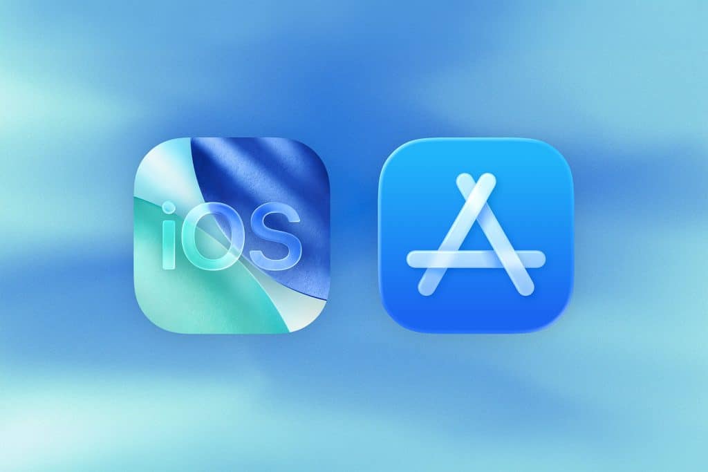 Two icons on a blue background: the left icon has “iOS” text on a blue and green design, referencing the EU App Store; the right icon is the blue Apple App Store logo with a stylized “A” made of three lines, highlighting recent updates related to App Store fees and compliance with the Digital Markets Act.