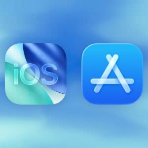 Two icons on a blue background: the left icon has “iOS” text on a blue and green design, referencing the EU App Store; the right icon is the blue Apple App Store logo with a stylized “A” made of three lines, highlighting recent updates related to App Store fees and compliance with the Digital Markets Act.